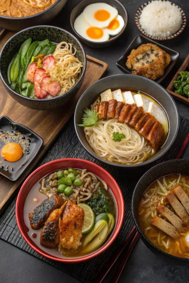 麺料理や焼き魚、定食の器が並ぶ食卓